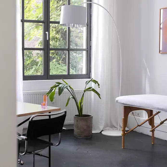Behandlungsraum der Naturheilpraxis Amber Schimpf mit Schreibtisch und Pflanze